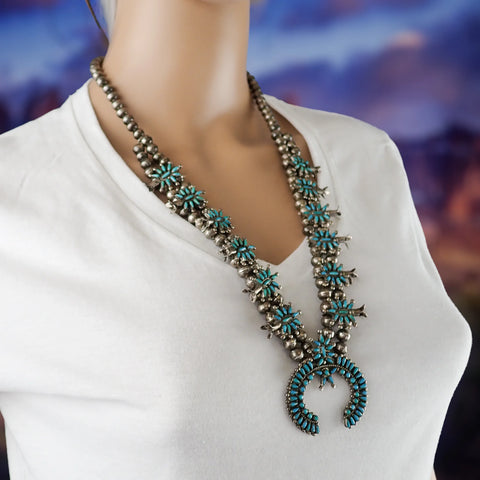 Circa 1960s Native American Zuni Turquoise Petit Point Cluster Squash Blossom Sterling Silver Necklace