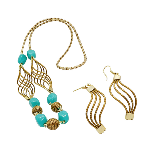 Boho-Chic Golden Grass & Eco-Friendly Turquoise Bead Necklace & Earrings Set