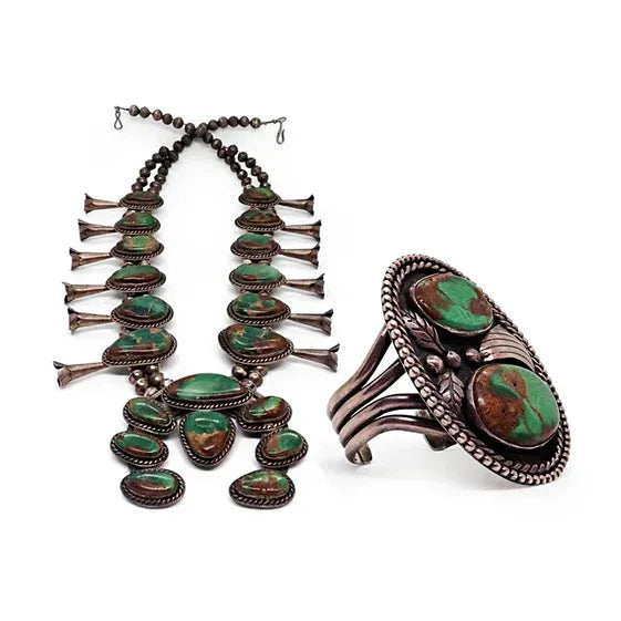 1970s Emerald Green Turquoise Squash Blossom Sterling Silver Necklace & Bracelet Set by Navajo Artist D. HARRISON